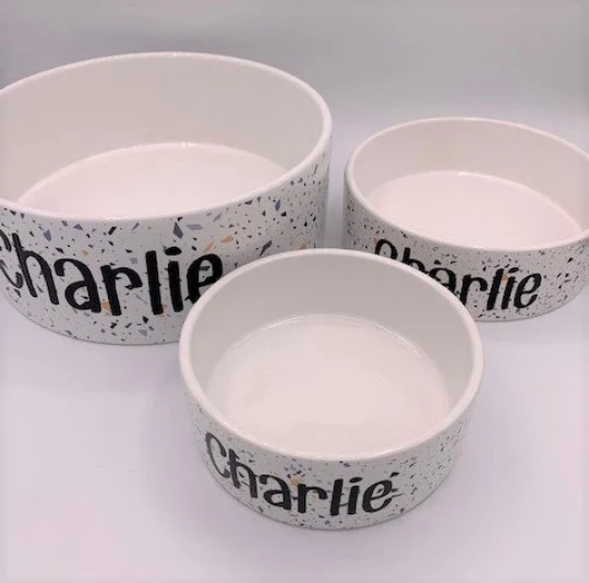 Pet Food Bowl - Ceramic with Blue Speckle Design