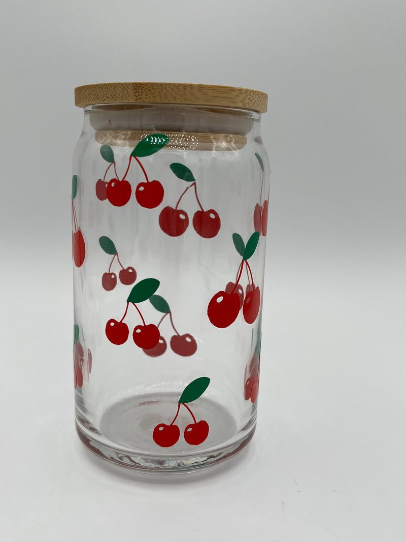 Glass Beer Can with Bamboo Lid & Glass Straw - CHERRY DESIGN