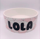 Pet Food Bowl - Ceramic with Pink Geometric Design