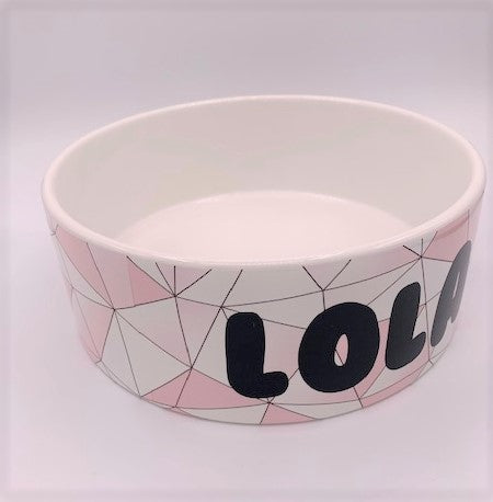 Pet Food Bowl - Ceramic with Pink Geometric Design