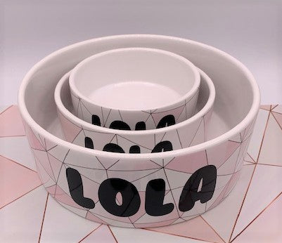 Pet Food Bowl - Ceramic with Pink Geometric Design