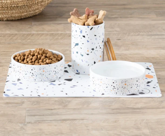 Pet Food Bowl - Ceramic with Blue Speckle Design